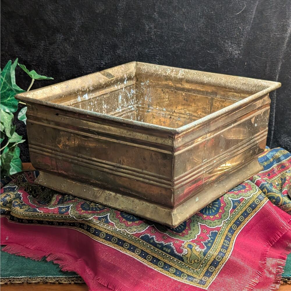 Vintage 10" Square Solid Brass Planter Jardiniere Cachepot Heavy Patina, India